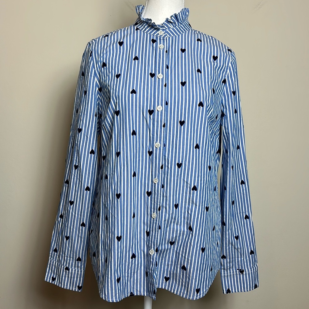 J. Crew Blue and White Striped Button Down Shirt with Ruffle Collar Size M